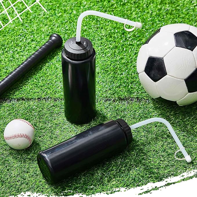 Domensi 2 Pack 1 Liter Sports Water Bottle with Long Straw Hockey Lacrosse 34 Oz Water Bottle Easy Squeeze Plastic Use with Sport Helmet in Football Baseball(Black,No Printed)-StrideForce Fitness