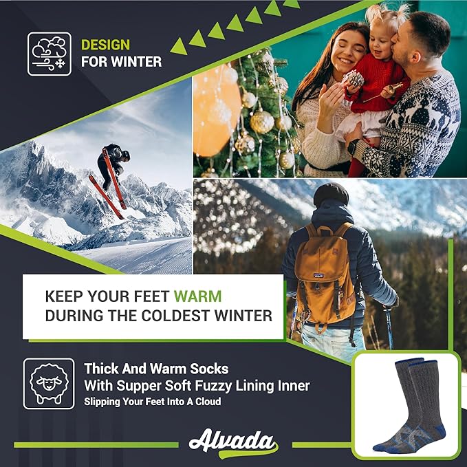 Alvada Merino Wool Hiking Socks Thermal Warm Crew Winter Boot Sock For Men & Women 3 Pairs-StrideForce Fitness