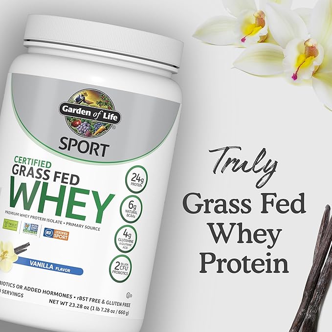 Garden of Life SPORT Whey Protein Powder Vanilla, Premium Grass Fed Whey Protein Isolate plus Probiotics for Immune System Health, 24g Protein, Non GMO, Gluten Free, Cold Processed - 20 Servings-StrideForce Fitness