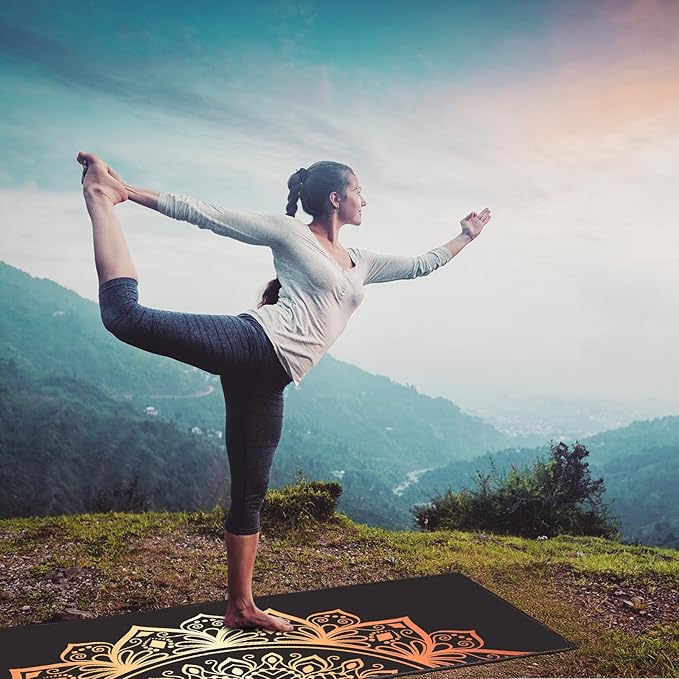 QiyI Yoga Mat Towel with Corner Pockets, Non Slip Sweat Absorbent Hot Yoga Towels, Soft Yoga Blankets with Travel Bag, Skidless Mat Cover for Workout, Gym, Fitness - 70"x26", Luxury Golden Mandala-StrideForce Fitness