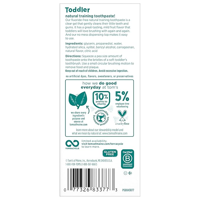 Tom's of Maine Fluoride-Free Toddler Training Toothpaste, Mild Fruit, 1.75 oz. 3-Pack (Packaging May Vary)
