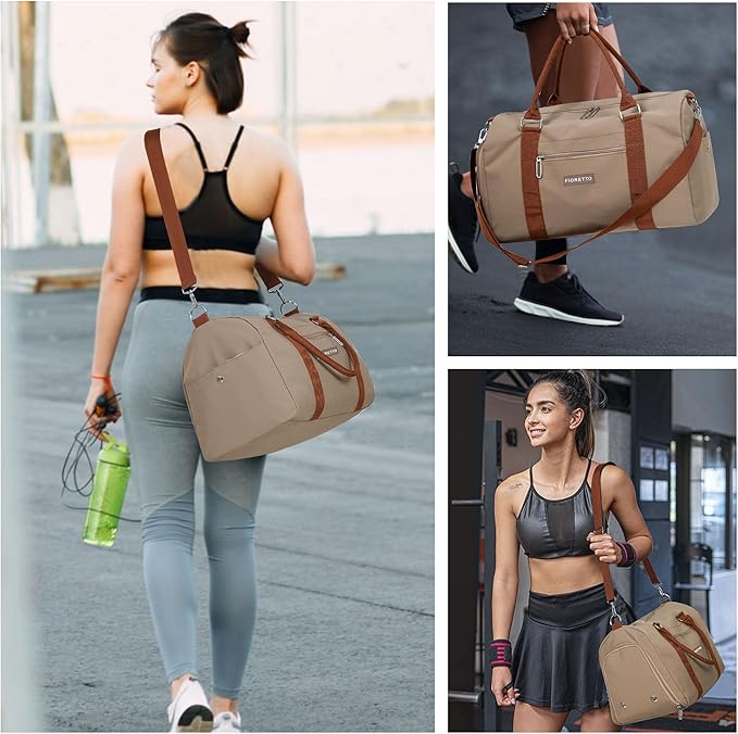 FIORETTO Womens Gym Tote Duffle Weekender Bag with Wet Pocket & Shoe Compartment, Ideal for Travel, Swimming, Dance, Khaki-StrideForce Fitness