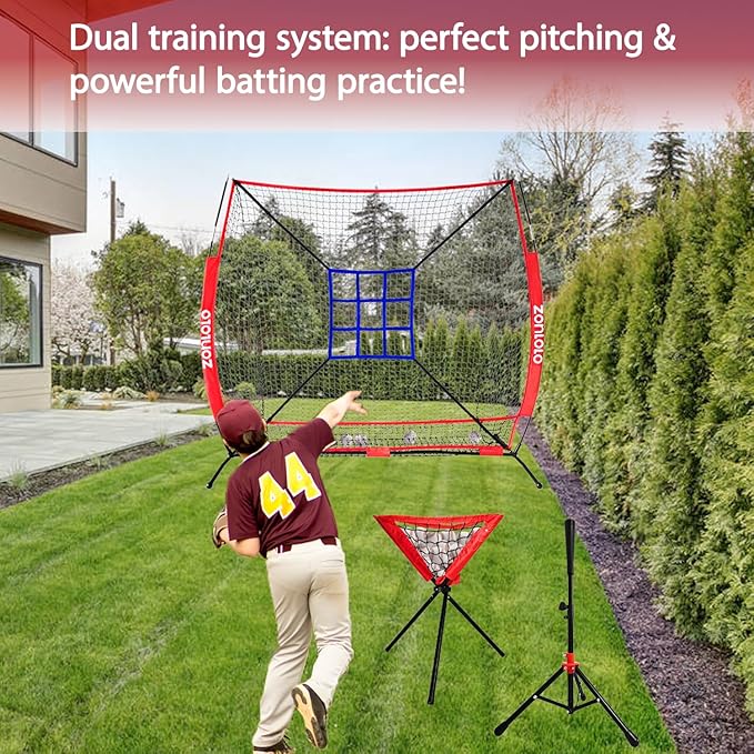6x6ft Portable Baseball & Softball Net for Hitting,Pitching, Batting and Throwing, with Sturdy Bow Frame,Batting Tee, Ball Caddy and Strike Zone, Middel Size, Great for Kids!-StrideForce Fitness