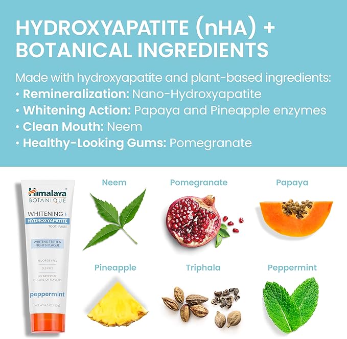 Himalaya Botanique Whitening + Hydroxyapatite Toothpaste, Peppermint - Nano Hydroxyapatite to Support Remineralization and Restore Enamel, Appropriate for Sensitive Teeth - Vegan, Gluten Free, 4 oz