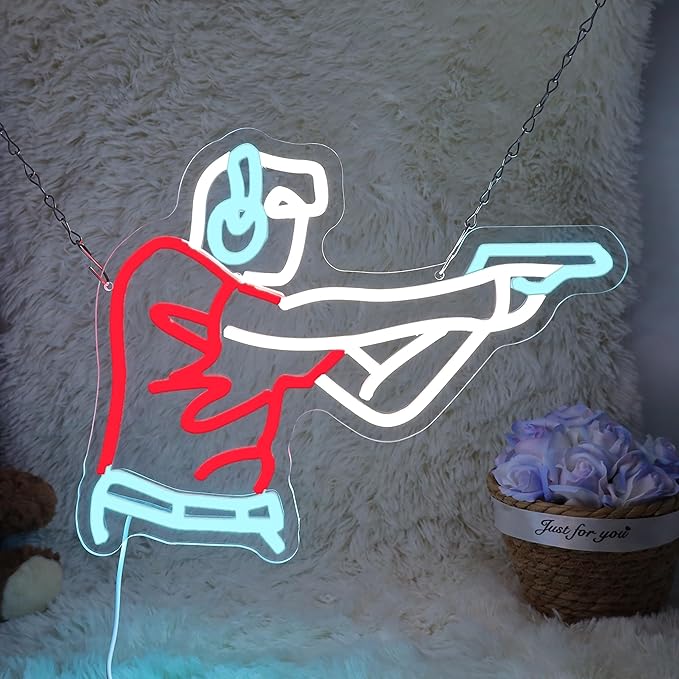 Man Shooting Neon Sign Gun Led Light Up Sign Game Player Gifts Dimmable Shooting Decor for Gun Club Decor Man Cave Game Room 15"×11.9"-StrideForce Fitness