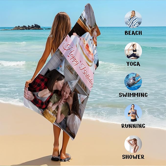 JML Birthday Gifts for Mom Dad Daughter Son, Personalized Beach Towel with Photo Text, Custom Beach Towel Gift for Mother's Day, Anniversary, Family Day, Summer Holiday, Vacation-StrideForce Fitness