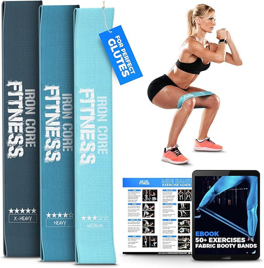 Fabric Mini Resistance Bands Sets for Trainers, Bootcamp, Gym for Men and Women in Fun Colors - Ebook, Videos and Workout Chart Included by Iron Core Fitness-StrideForce Fitness