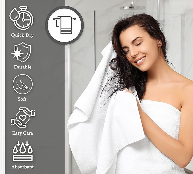 GOLD TEXTILES 12 White Economy Bath Towels Bulk (24x48 Inch) Cotton Blend for Softness-Commercial Grade Easy Care-StrideForce Fitness
