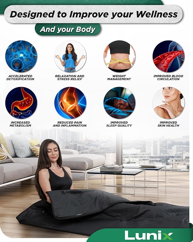 Lunix LX17 Infrared Sauna Blanket for Home, Portable Sauna for Detox, Pain Relief & Recovery, Adjustable 77–176°F Far Infrared Heat with Head Pillow, Detox Wrap & Hot Cold Gel Pack – Jet Black-StrideForce Fitness