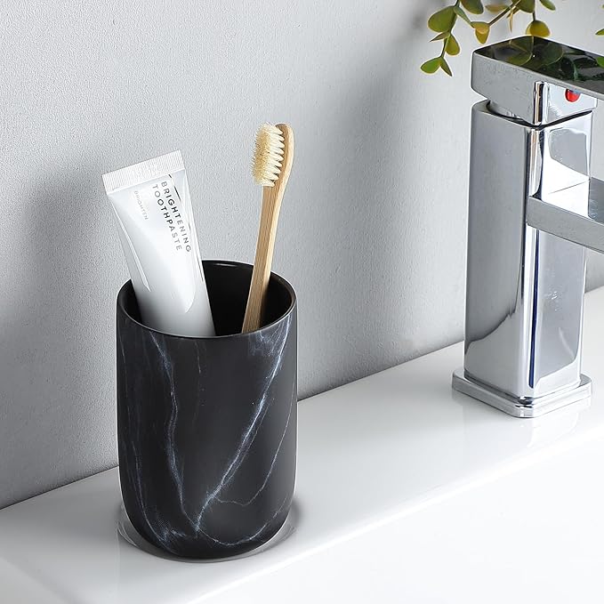Marble Black Toothbrush Holders for Bathrooms - 2 Cups Ceramic Toothbrush Toothpaste Holders Set, Bathroom Tumbler Cups Reusable Toothbrush Cup Black Mouthwash Cup, Bathroom Counter Organizer
