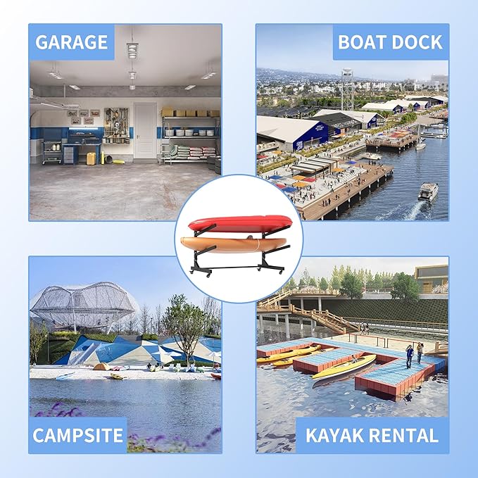 Kayak Storage Rack, Heavy Duty Kayak Stand Canoe Rack with Wheels, Freestanding Kayak Holder Stand for Kayaks, Canoes, Surfboard, Paddleboard Storage-StrideForce Fitness