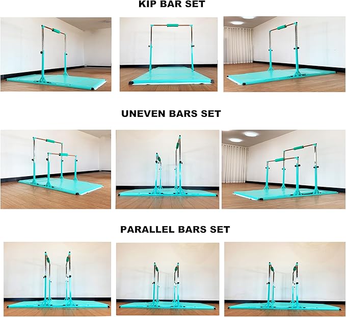 Gymnastics Double Horizontal Bars 3Play Parallel Bars Uneven Bars Gymnastics Training Kip Bar with 304 Stainless Steel Regulating Arms & Fiberglass Rail for Indoor Outdoor Home Club Use-StrideForce Fitness