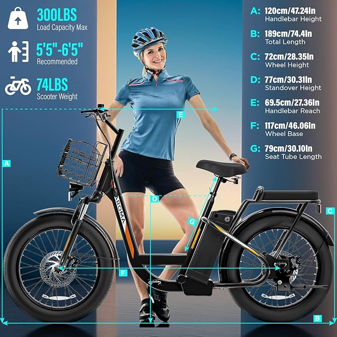 Caroma Electric Scooter with Seat, 48V Removable Battery E-Bike, Up to 30Miles&20MPH, 500/800/1200W Motor, 20" Fat Tire Adult Electric Bicycles for Commuting with Basket-StrideForce Fitness