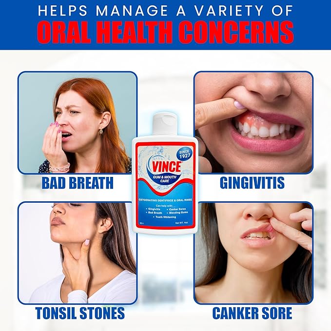 Vince Gum and Mouth Powder - Daily Use Dentifrice - Oxygenating Bubbles - Bad Breath - Gingivitis - Irritated Bleeding Gums - Canker Sore - Inflammation - Wounds - Cleanse & Refresh - 4oz (Pack of 2)