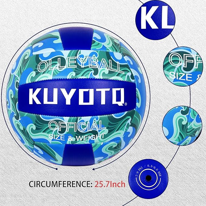 KUYOTQ Official Size 5 in&Outdoor Beach Volleyball,3MM Thickened Surface Soft Leather Youth Womens Mens Volleyball for Game Gym Training(Deflated) (Blue-Wave)-StrideForce Fitness