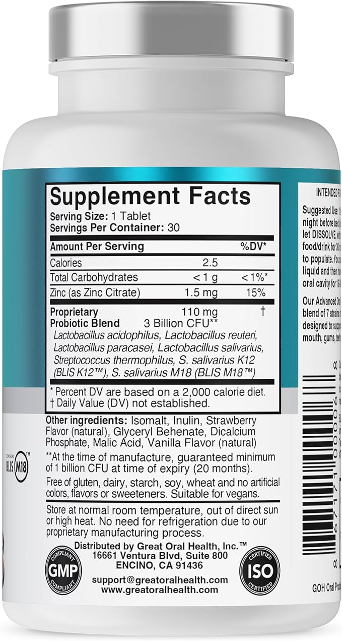 Oral Probiotics for Mouth Bad Breath Treatment for Kids Dental Care & Cavity Prevention with BLIS K12 M18 – Dr Formulated Dental Probiotics for Teeth and Gums, 30 Chewable Tablets Strawberry Vanilla