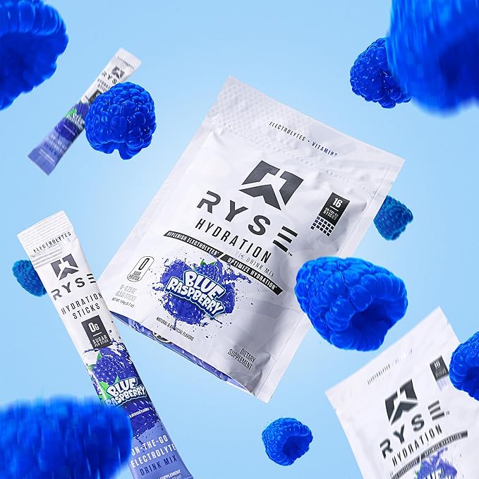 RYSE Hydration Electrolyte Powder Drink Mix Packets - Blue Raspberry - Sugar-Free Full Spectrum Electrolytes with Essential Vitamins, Taurine and Choline for Rehydration - 16 Serving Sticks-StrideForce Fitness