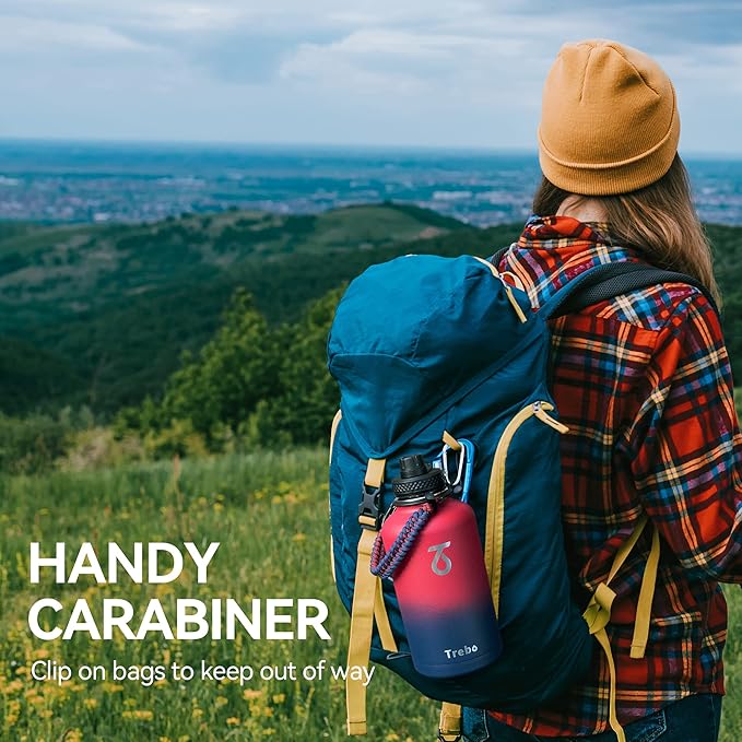 Trebo Insulated Water Bottle 64 oz, Half Gallon Metal Vacuum Water Jug with Paracord Handle and 3 Lids, Leakproof BPA-Free Flask for Gym Sports Hiking Travel, Keep Cold 48 Hours, Ruby Red-StrideForce Fitness