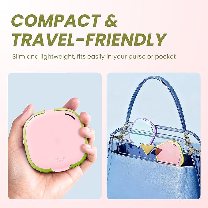 Retainer Case with Mirror and Vent Holes, Cute Slim Aligner Case Compatible with Invisalign, Magnetic Closure Orthodontic Case for Retainers and Mouth Guards (Pink & Yellowish Green)