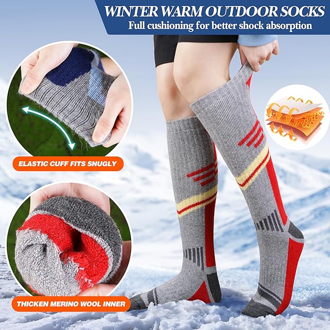3 Pairs Merino Wool Ski Socks Thermal Warm Winter Thick Knee High Snowboarding Skiing Socks for Women Men-StrideForce Fitness