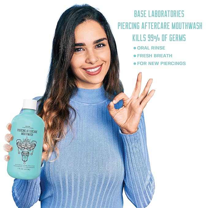 Base Laboratories Piercing Aftercare & Oral Care Mouthwash - Alcohol-Free, Fluoride-Free Healing Rinse for Tongue, Lip, Cheek, & Gum Health - Mint-Cantaloupe Flavor - 16 oz