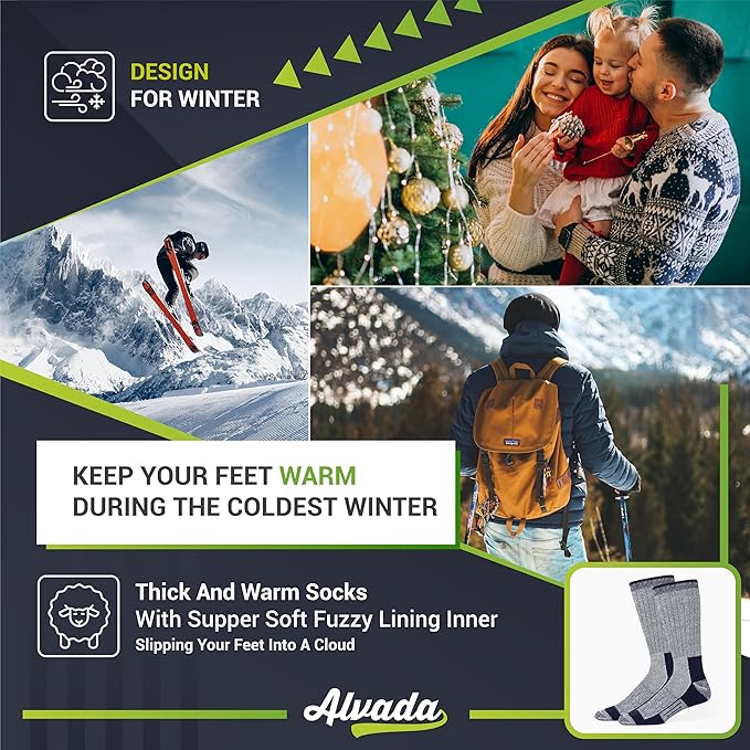 Alvada Merino Wool Hiking Socks Thermal Warm Crew Winter Boot Sock For Men & Women 3 Pairs-StrideForce Fitness
