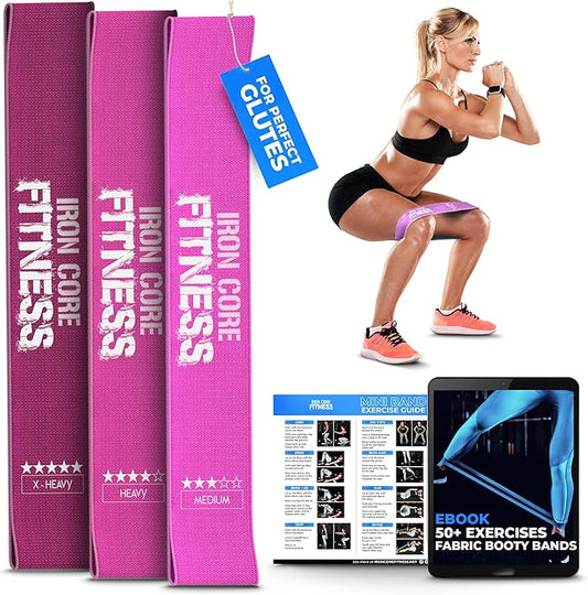 Fabric Mini Resistance Bands Sets for Trainers, Bootcamp, Gym for Men and Women in Fun Colors - Ebook, Videos and Workout Chart Included by Iron Core Fitness-StrideForce Fitness