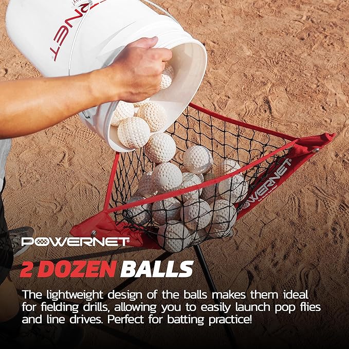 PowerNet Launch F-lite Softball & Baseball Pitching Machine, Dimpled Practice Balls, Bucket of Baseballs, Coaching Bucket Bundle for Pitching Machine, Baseball Training Equipment-StrideForce Fitness
