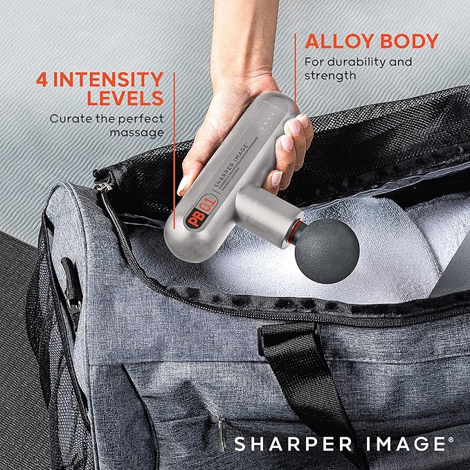 Sharper Image Powerboost Move - Mini Percussion Massage Gun| 4 Attachments, 4 Speeds| Full Body Back & Shoulder Massager| Muscle Recovery & Pain Relief| Deep Tissue Massage Tool| Wellness Gift
