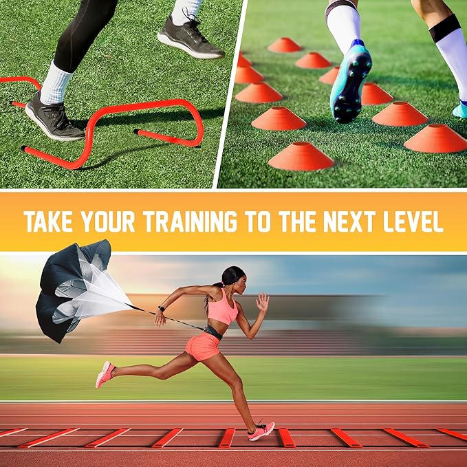 Yes4All Agility Ladder Speed Training Equipment Set - 1 Adjustable Agility Ladder, 12 Soccer Cones, 5 Hurdles, Jump Rope, Running Parachute - Speed & Agility Training Equipment for All Ages-StrideForce Fitness
