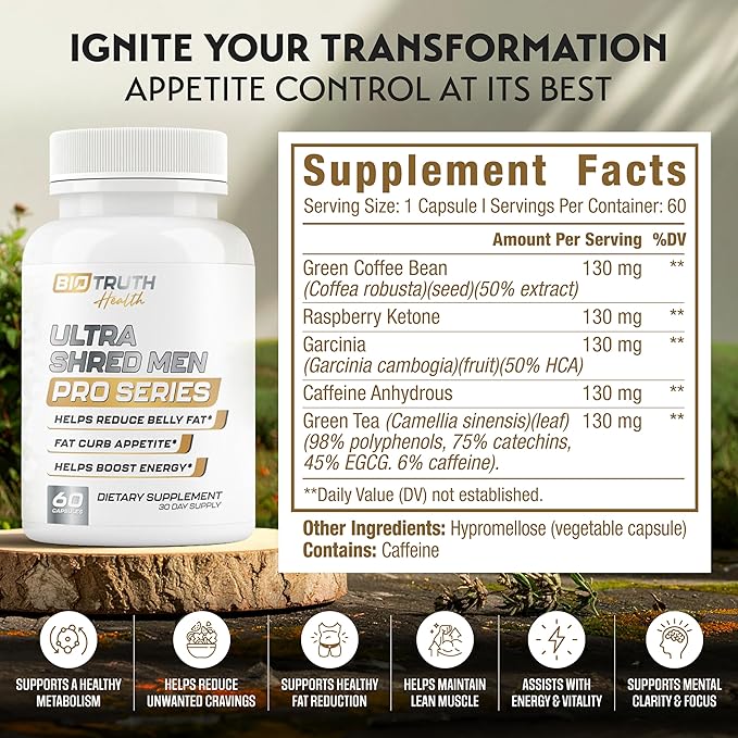 Ultra Shred Men | PRO Series | Fat Burner for Men to Sustain Muscle & Lose Weight - Boost Metabolism, Appetite Suppressant | 5 Research Backed Ingredients | 3rd Party Tested Supplement - 60 Capsules-StrideForce Fitness