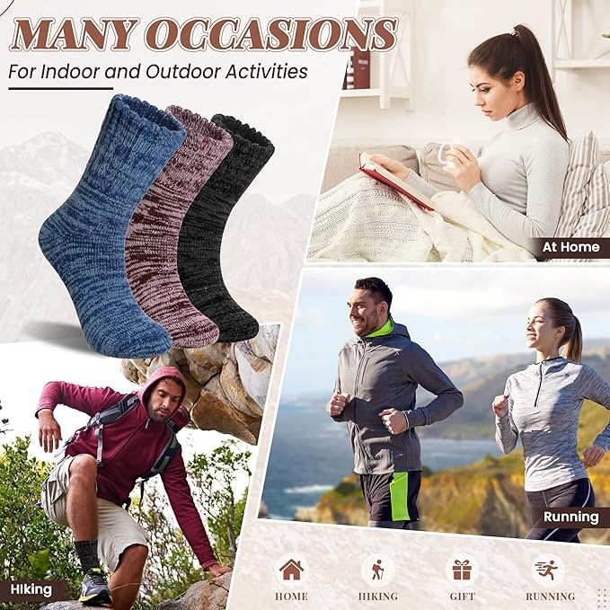 Merino Wool Boot Socks Thermal Winter Ski Thick Warm Hiking Socks for Women Men 3 Pairs-StrideForce Fitness