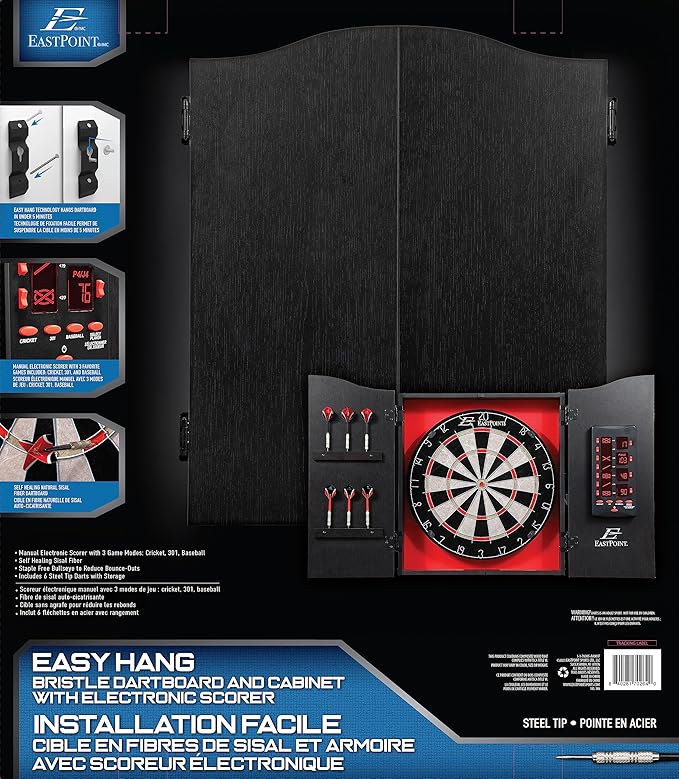 EastPoint Sports Tournament Bristle Dartboard and Easy Hang Cabinet with Electronic Scoreboard and 6 Steel Tip Darts-StrideForce Fitness