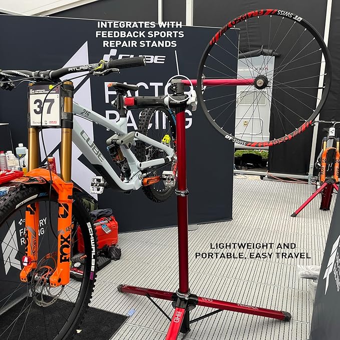 FEEDBACK SPORTS | Pro Truing Stand with Thru Axle Adapter | Compact and Portable Lightweight Aluminum | Integrates With Repair Stand | Precision Spring-Loaded Tip Verifies Lateral True-StrideForce Fitness