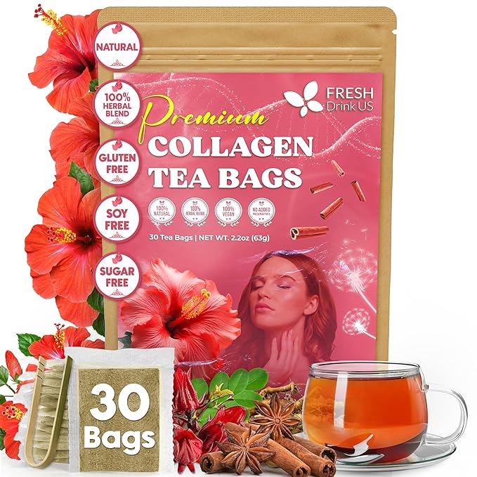 FreshDrinkUS, Premium Collagen Herbal Tea β 30 Tea Bags | Cinnamon Stick, Hibiscus, Dandelion Root, Moringa Leaves, Rose Hip, Ginger, Fennel Seed, Boswellia | Caffeine-Free, Natural Flavorful Blend