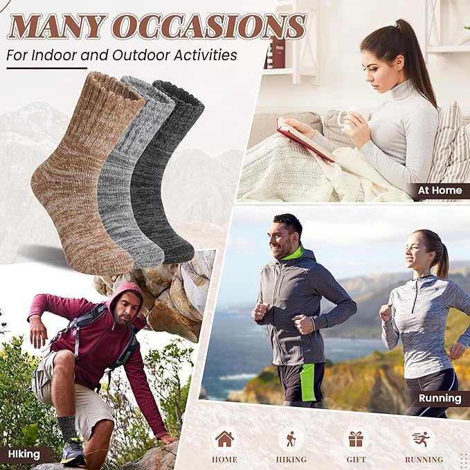 Merino Wool Boot Socks Thermal Winter Ski Thick Warm Hiking Socks for Women Men 3 Pairs-StrideForce Fitness