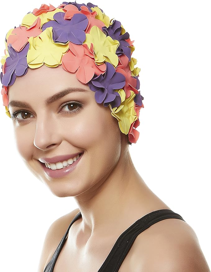 BEEMO Floral Petal Ladies Bathing Swim Cap Women Retro Swim Hat Long/Short Hair-StrideForce Fitness