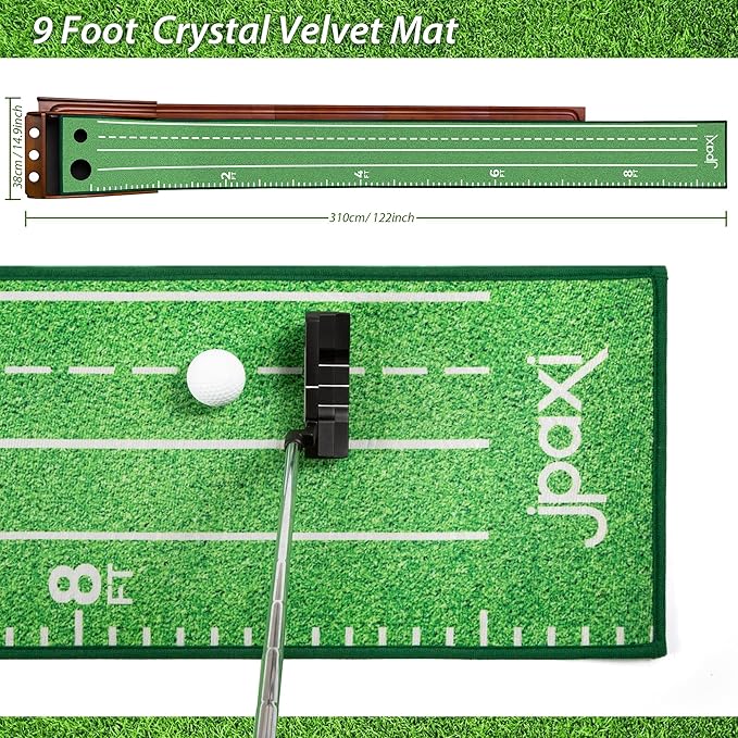 Golf Putting Mat with Ball Return - Putting Green Indoor Featuring 9ft Non-Slip Velvet Surface for Indoor & Outdoor - Smooth, Skip-Free Walnut Ball Return System - Golf Practice Mat for Backyard-StrideForce Fitness