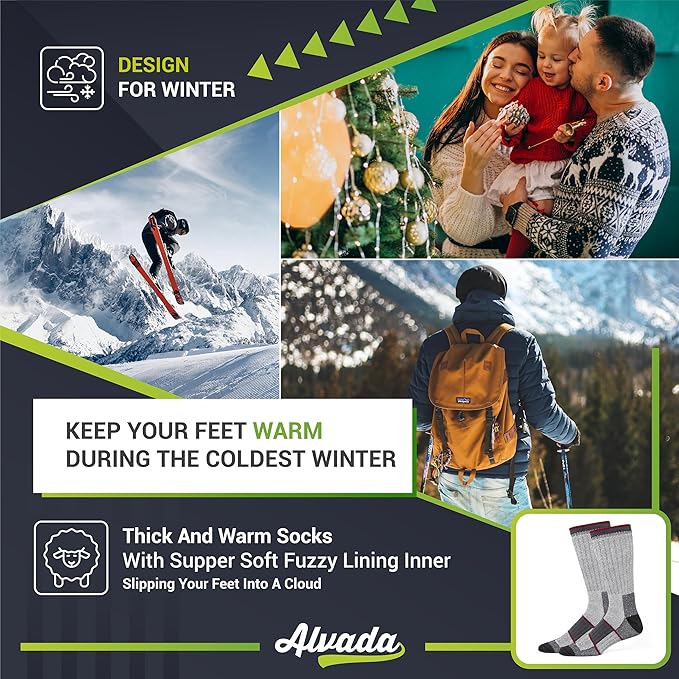 Alvada Merino Wool Hiking Socks Thermal Warm Crew Winter Boot Sock For Men & Women 3 Pairs-StrideForce Fitness