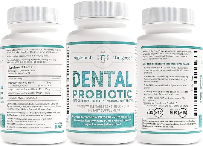 Dental Oral Probiotic, 60 Chewable Tablets - Supplements w/BLIS K12 & M18 - Bad Breath Treatment for Adults - Boosts Oral Health - Fights Halitosis, Tooth Decay, Strep Throat (Mint Flavor)