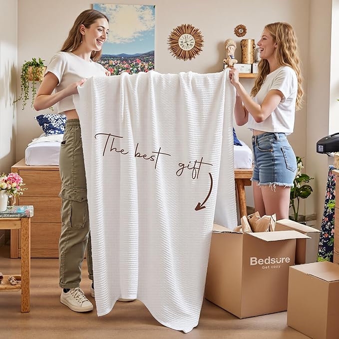 Bedsure 100% Cotton Blanket Twin XL Size for College Dorm - Breathable and Soft, Waffle Weave Twin Blanket for Summer, Dorm Room Essentials, White, 66x90 inches-StrideForce Fitness
