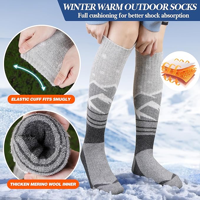 3 Pairs Merino Wool Ski Socks Thermal Warm Winter Thick Knee High Snowboarding Skiing Socks for Women Men-StrideForce Fitness