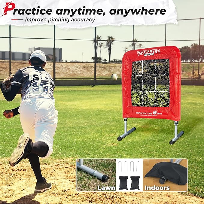 Heavy-Duty 9 Hole Pro Style Baseball & Softball Pitching Net with Strike Zone Target - Adjustable Portable Design for Training, Includes 4 Stakes & 2 Sandbags-StrideForce Fitness