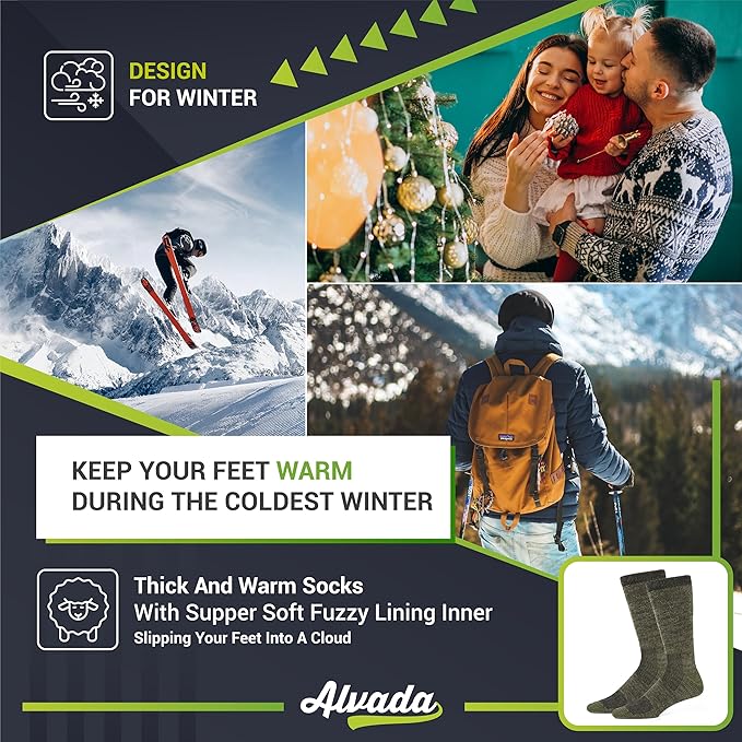 Alvada Merino Wool Hiking Socks Thermal Warm Crew Winter Boot Sock For Men & Women 3 Pairs-StrideForce Fitness
