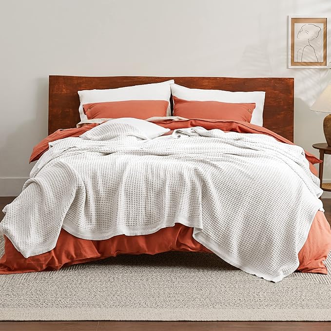 Bedsure 100% Cotton Blanket King Size for Bed - Breathable and Soft, Waffle Weave Blanket for Summer, Thick Cozy Fall Blankets for Women Gift, White, 104x90 inches-StrideForce Fitness