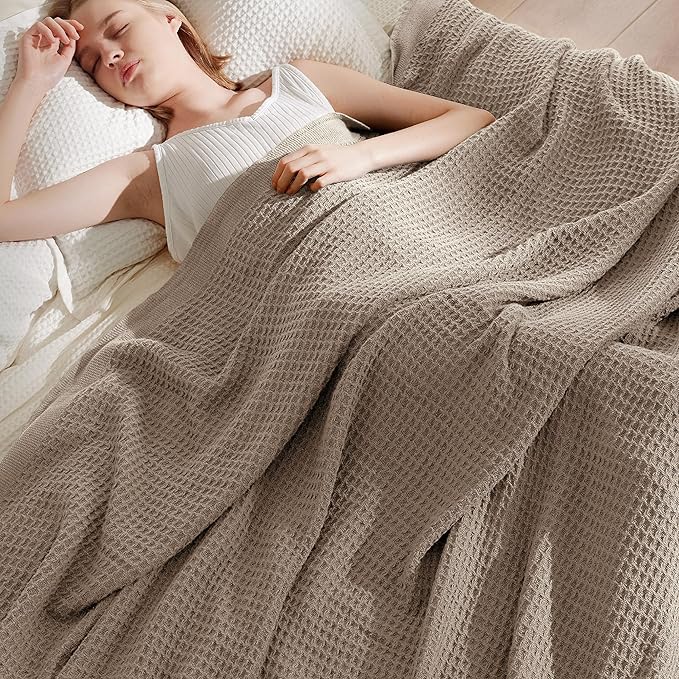 Bedsure 100% Cotton Large Blanket Oversized King for Bed - Breathable Thick Waffle Weave Blanket for Summer, Couch Cover, Taupe, 120x94 inches-StrideForce Fitness