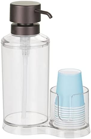 mDesign Plastic Refillable Mouthwash Dispenser and Cup Storage Organizer for Bathroom Vanity, Countertop, Cupboard - Includes 8 Paper Cups - Lumiere Collection - Clear/Bronze
