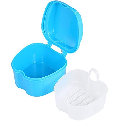 Denture Case, Denture Cup with Strainer and Lid Retainer Cleaning Soaking Cup - Denture Bath Box False Teeth Storage Box with Basket Net Container Holder for Travel