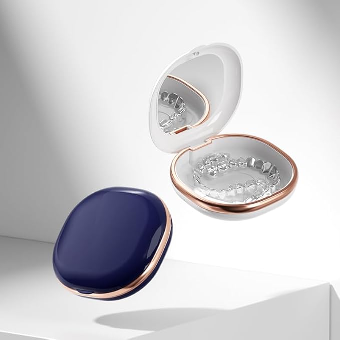 Denture Case with Mirror, Portable Retainer Case for Braces, Mouth Guards, Orthodontic Retainers, Compact, Stylish, and Travel-Friendly Denture Box (Navy blue)