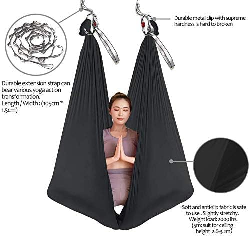 Aerial Yoga Hammock L:5M W:2.8M 5.5 Yards Aerial Pilates Silk Yoga Swing Set with 2000 Ibs Load Include Daisy Chain, Pose Guide-StrideForce Fitness